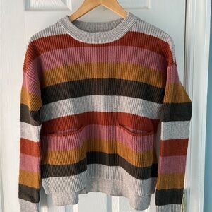 Madewell women’s striped pocket sweater. Cropped high-low hem, boxy fit. XS